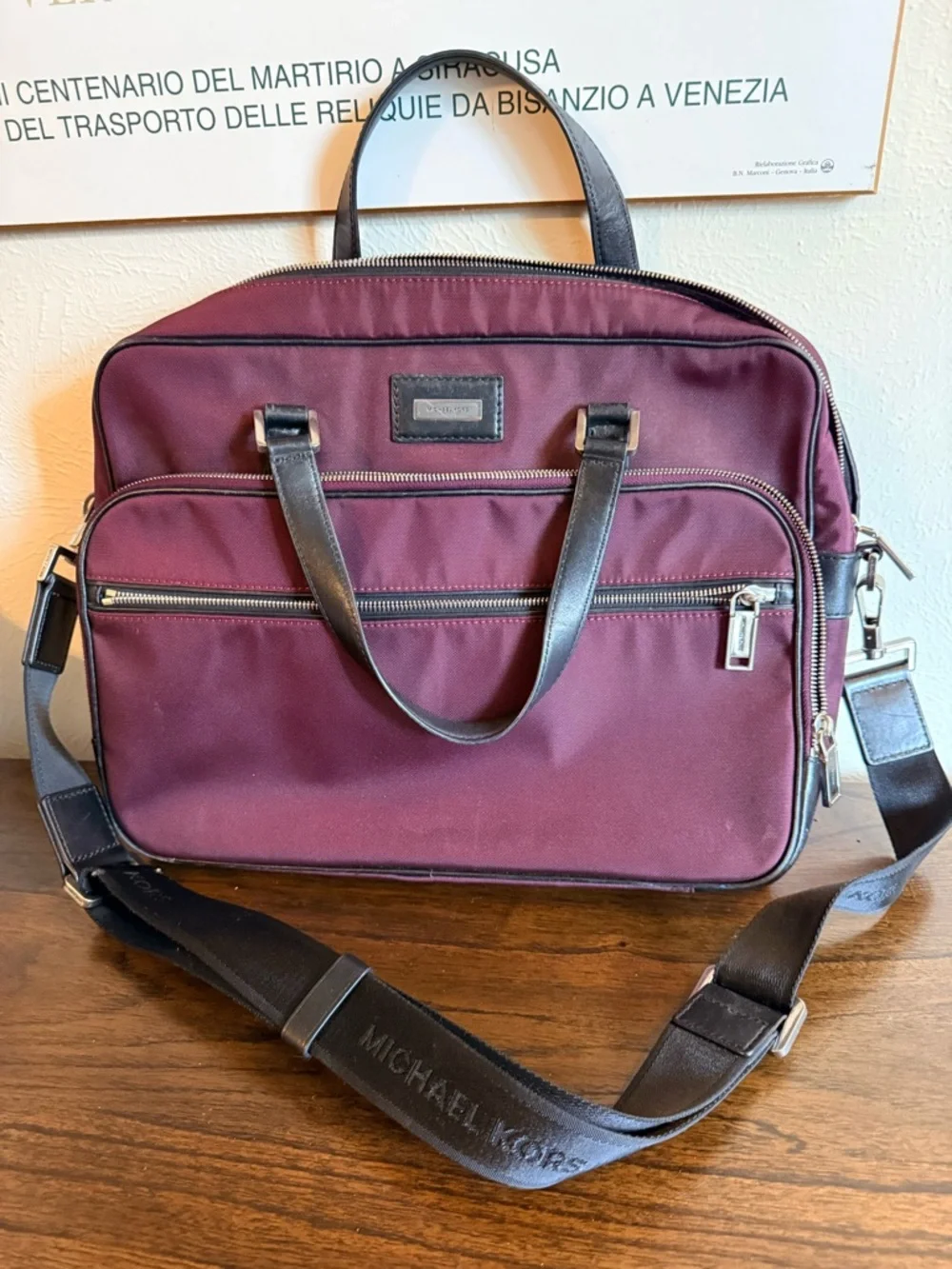 Michael Kors Men's Burgundy Nylon Briefcase with Black Leather Trim